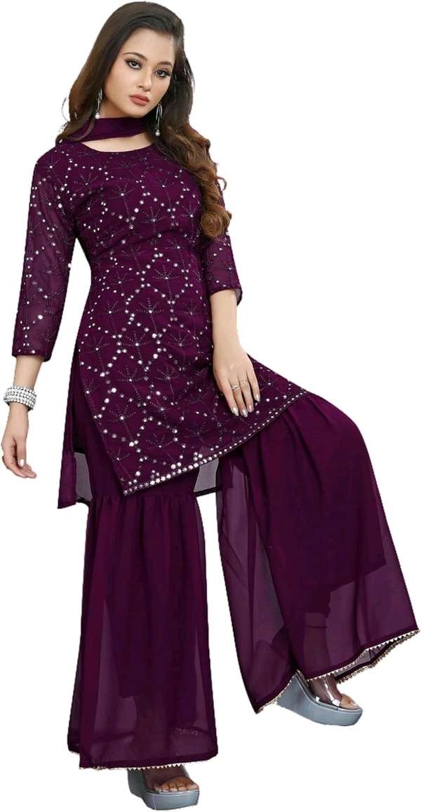 Women's Georgette Sequence Party Festival Wear Full Sleeve Latest Stitched Kurta Sharara and Duppata Set - purple, 2XL