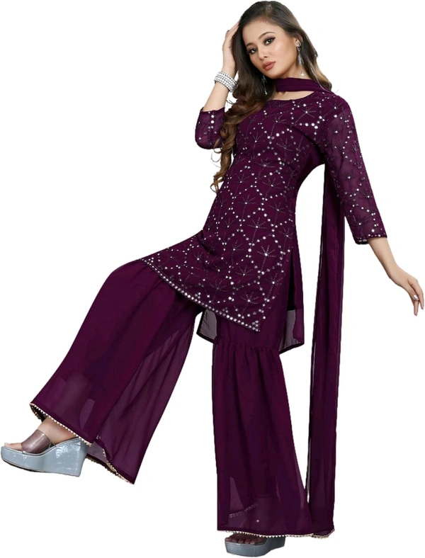 Women's Georgette Sequence Party Festival Wear Full Sleeve Latest Stitched Kurta Sharara and Duppata Set - purple, 2XL