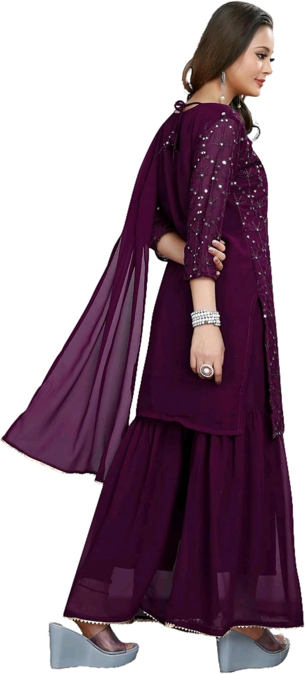 Women's Georgette Sequence Party Festival Wear Full Sleeve Latest Stitched Kurta Sharara and Duppata Set - purple, 2XL