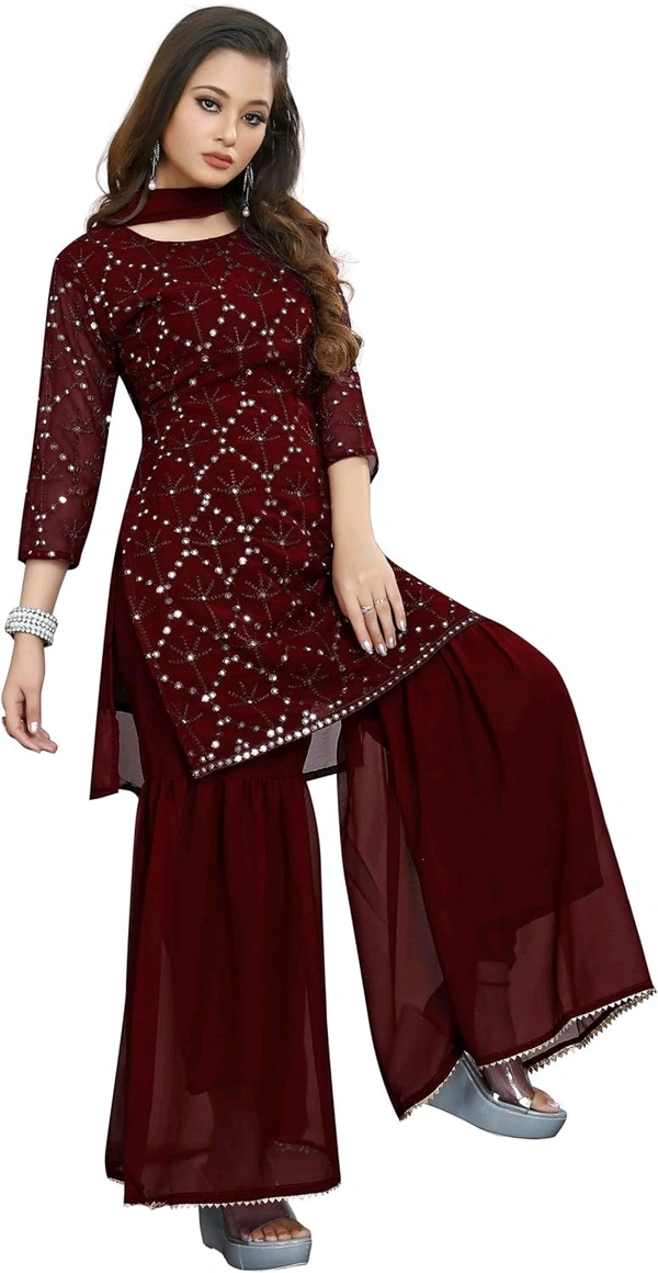 Women's Georgette Sequence Party Festival Wear Full Sleeve Latest Stitched Kurta Sharara and Duppata Set - Maroon, 2XL