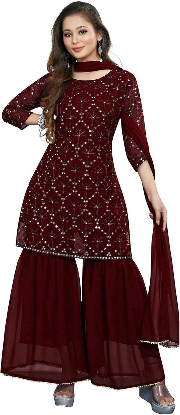 Women's Georgette Sequence Party Festival Wear Full Sleeve Latest Stitched Kurta Sharara and Duppata Set - Maroon, 2XL