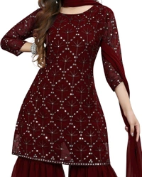 Women's Georgette Sequence Party Festival Wear Full Sleeve Latest Stitched Kurta Sharara and Duppata Set - Maroon, 2XL
