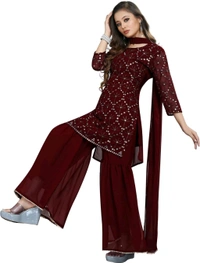 Women's Georgette Sequence Party Festival Wear Full Sleeve Latest Stitched Kurta Sharara and Duppata Set - Maroon, 2XL