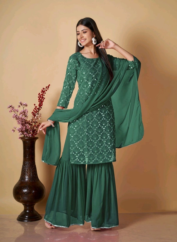 Women's Georgette Sequence Party Festival Wear Full Sleeve Latest Stitched Kurta Sharara and Duppata Set - Viridian, M