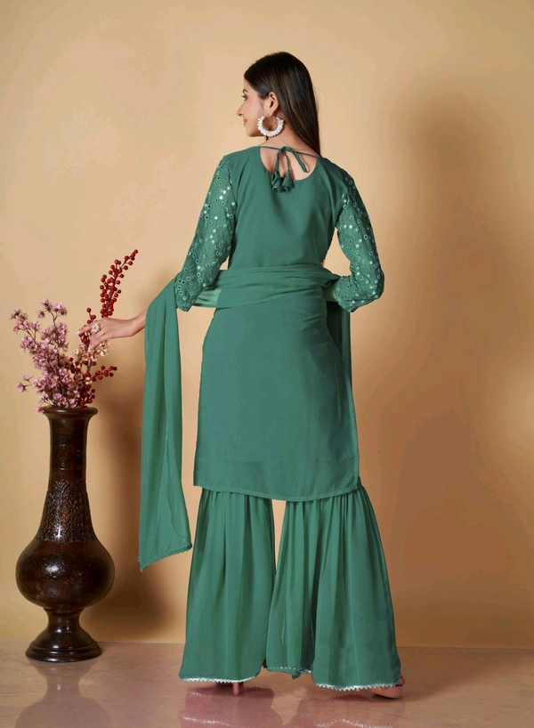 Women's Georgette Sequence Party Festival Wear Full Sleeve Latest Stitched Kurta Sharara and Duppata Set - Viridian, M