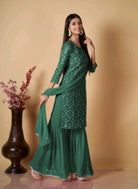 Women's Georgette Sequence Party Festival Wear Full Sleeve Latest Stitched Kurta Sharara and Duppata Set - Viridian, M