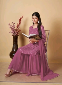 Women's Georgette Sequence Party Festival Wear Full Sleeve Latest Stitched Kurta Sharara and Duppata Set - Cadillac, M