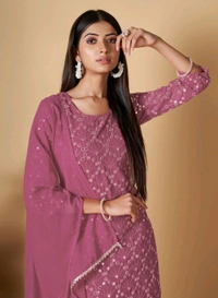 Women's Georgette Sequence Party Festival Wear Full Sleeve Latest Stitched Kurta Sharara and Duppata Set - Cadillac, M