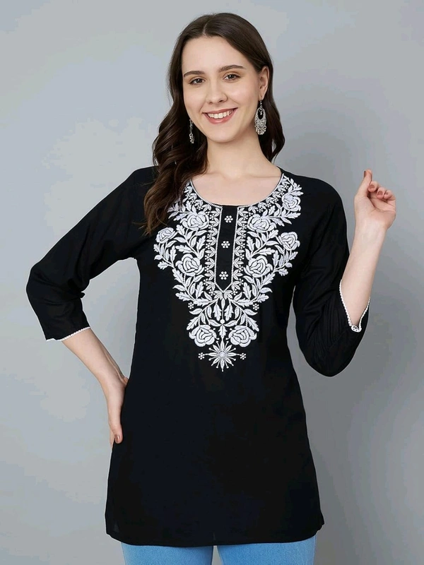 Kurti for Women Short Chikankari Kurtis for Girls Lakhnawi Top Kurta Design for Ladies Woman Straight Embroidery for Office (Short Flower Kurti)