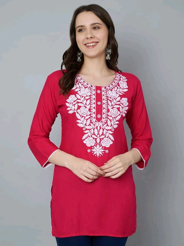 Kurti for Women Short Chikankari Kurtis for Girls Lakhnawi Top Kurta Design for Ladies Woman Straight Embroidery for Office (Short Flower Kurti) - Maroon Flush, L