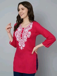 Kurti for Women Short Chikankari Kurtis for Girls Lakhnawi Top Kurta Design for Ladies Woman Straight Embroidery for Office (Short Flower Kurti) - Maroon Flush, L