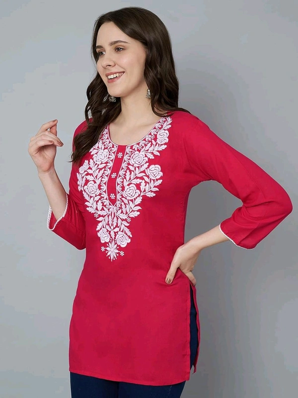 Kurti for Women Short Chikankari Kurtis for Girls Lakhnawi Top Kurta Design for Ladies Woman Straight Embroidery for Office (Short Flower Kurti) - Maroon Flush, L