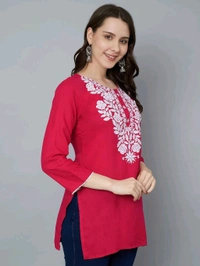 Kurti for Women Short Chikankari Kurtis for Girls Lakhnawi Top Kurta Design for Ladies Woman Straight Embroidery for Office (Short Flower Kurti) - Maroon Flush, L