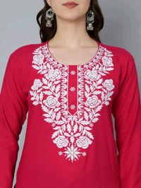 Kurti for Women Short Chikankari Kurtis for Girls Lakhnawi Top Kurta Design for Ladies Woman Straight Embroidery for Office (Short Flower Kurti) - Maroon Flush, L