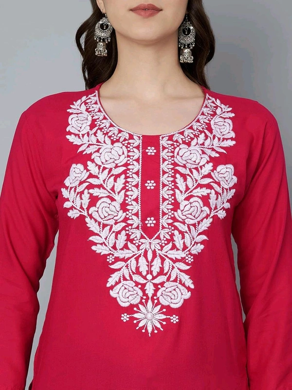 Kurti for Women Short Chikankari Kurtis for Girls Lakhnawi Top Kurta Design for Ladies Woman Straight Embroidery for Office (Short Flower Kurti) - Maroon Flush, L