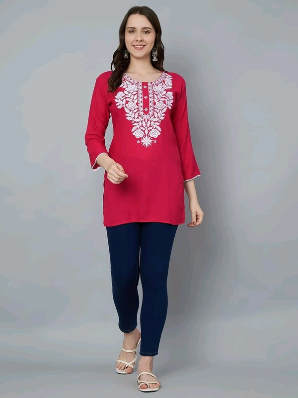Kurti for Women Short Chikankari Kurtis for Girls Lakhnawi Top Kurta Design for Ladies Woman Straight Embroidery for Office (Short Flower Kurti) - Maroon Flush, L