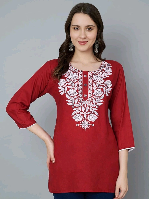 Kurti for Women Short Chikankari Kurtis for Girls Lakhnawi Top Kurta Design for Ladies Woman Straight Embroidery for Office (Short Flower Kurti) - Maroon Flush, M