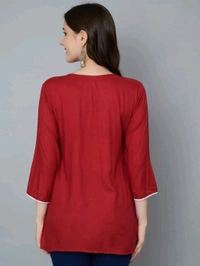 Kurti for Women Short Chikankari Kurtis for Girls Lakhnawi Top Kurta Design for Ladies Woman Straight Embroidery for Office (Short Flower Kurti) - Maroon Flush, M