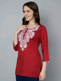 Kurti for Women Short Chikankari Kurtis for Girls Lakhnawi Top Kurta Design for Ladies Woman Straight Embroidery for Office (Short Flower Kurti) - Maroon Flush, M