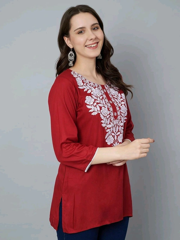 Kurti for Women Short Chikankari Kurtis for Girls Lakhnawi Top Kurta Design for Ladies Woman Straight Embroidery for Office (Short Flower Kurti) - Maroon Flush, M