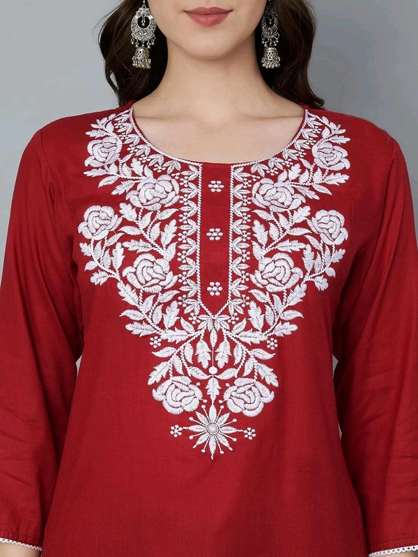 Kurti for Women Short Chikankari Kurtis for Girls Lakhnawi Top Kurta Design for Ladies Woman Straight Embroidery for Office (Short Flower Kurti) - Maroon Flush, M