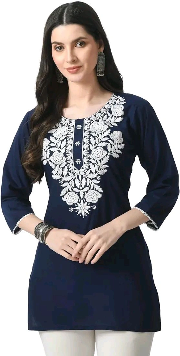Kurti for Women Short Chikankari Kurtis for Girls Lakhnawi Top Kurta Design for Ladies Woman Straight Embroidery for Office (Short Flower Kurti) - Cloud Burst, S