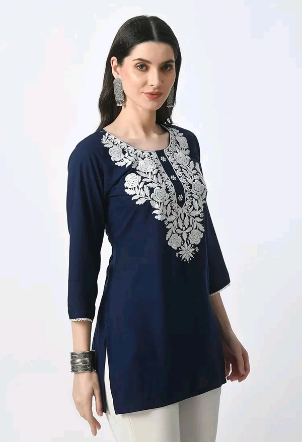 Kurti for Women Short Chikankari Kurtis for Girls Lakhnawi Top Kurta Design for Ladies Woman Straight Embroidery for Office (Short Flower Kurti) - Cloud Burst, S