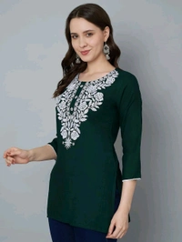 Kurti for Women Short Chikankari Kurtis for Girls Lakhnawi Top Kurta Design for Ladies Woman Straight Embroidery for Office (Short Flower Kurti) - Firefly, XL