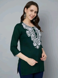 Kurti for Women Short Chikankari Kurtis for Girls Lakhnawi Top Kurta Design for Ladies Woman Straight Embroidery for Office (Short Flower Kurti) - Firefly, 2XL