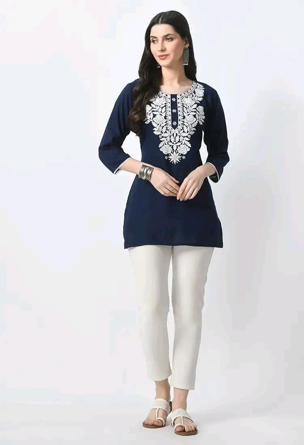 Kurti for Women Short Chikankari Kurtis for Girls Lakhnawi Top Kurta Design for Ladies Woman Straight Embroidery for Office (Short Flower Kurti) - Cloud Burst, 2XL
