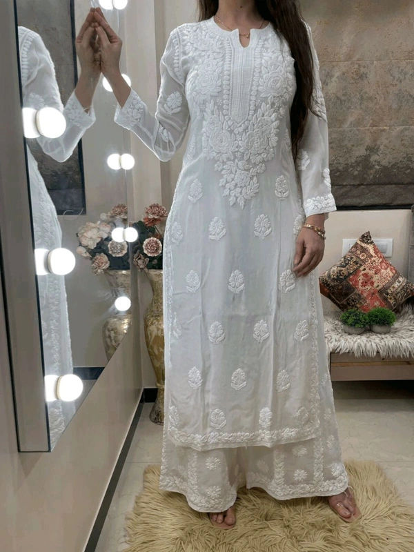 White Viscose Georgette Chikankari Kurta With Palazzo - White, XL
