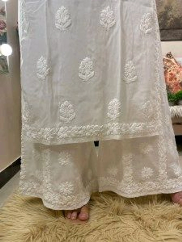 White Viscose Georgette Chikankari Kurta With Palazzo - White, XL