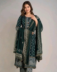 Women Viscose Rayon Kurta. Pant Dupatta Set - Timber Green, M