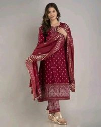 Women Viscose Rayon Kurta. Pant Dupatta Set - Claret, S