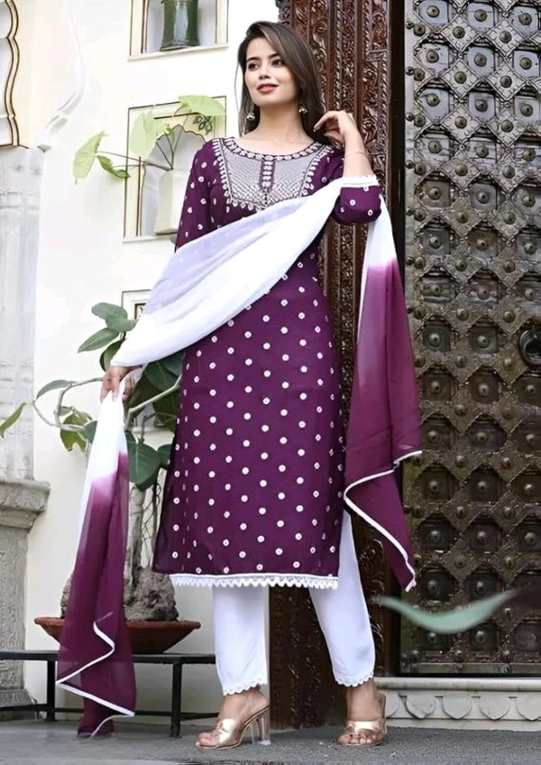 Rayon Embroidered Kurta Set With Dupatta - purple, M