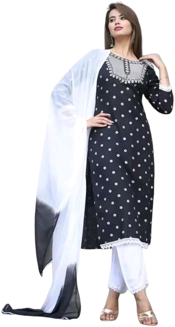 Rayon Embroidered Kurta Set With Dupatta - black, XL