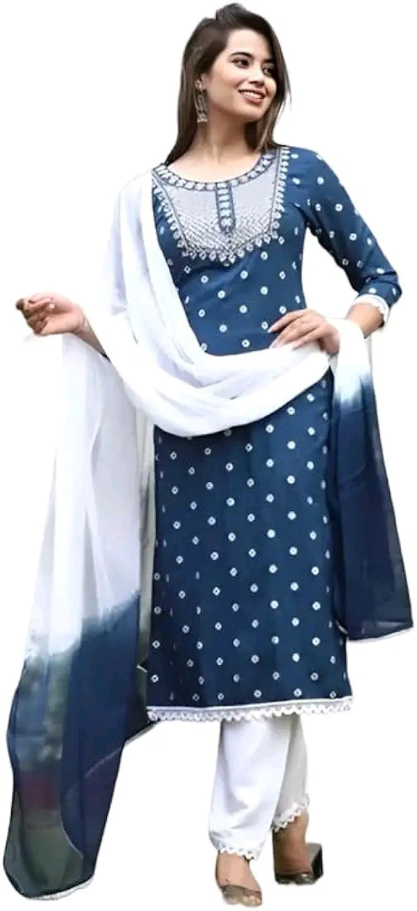 Rayon Embroidered Kurta Set With Dupatta - blue, XL