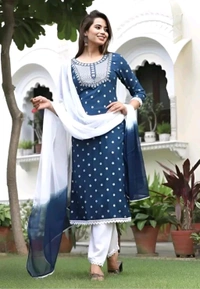 Rayon Embroidered Kurta Set With Dupatta - blue, XL