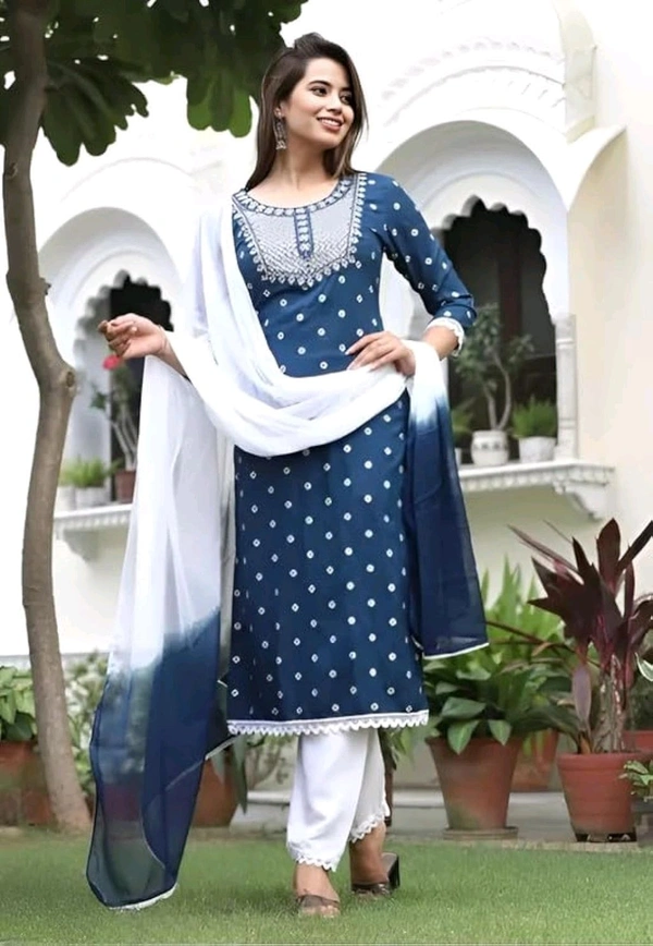 Rayon Embroidered Kurta Set With Dupatta - blue, XL