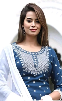 Rayon Embroidered Kurta Set With Dupatta - blue, XL