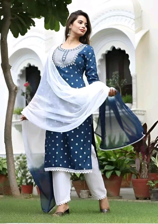 Rayon Embroidered Kurta Set With Dupatta - blue, XL