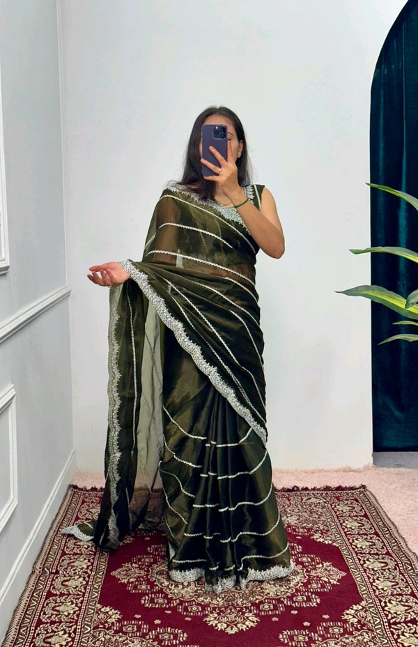 Burbary Jimmy Choo Fabric Embroidered Work Saree* - Racing Green