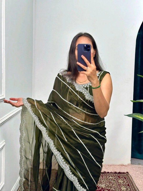 Burbary Jimmy Choo Fabric Embroidered Work Saree* - Racing Green