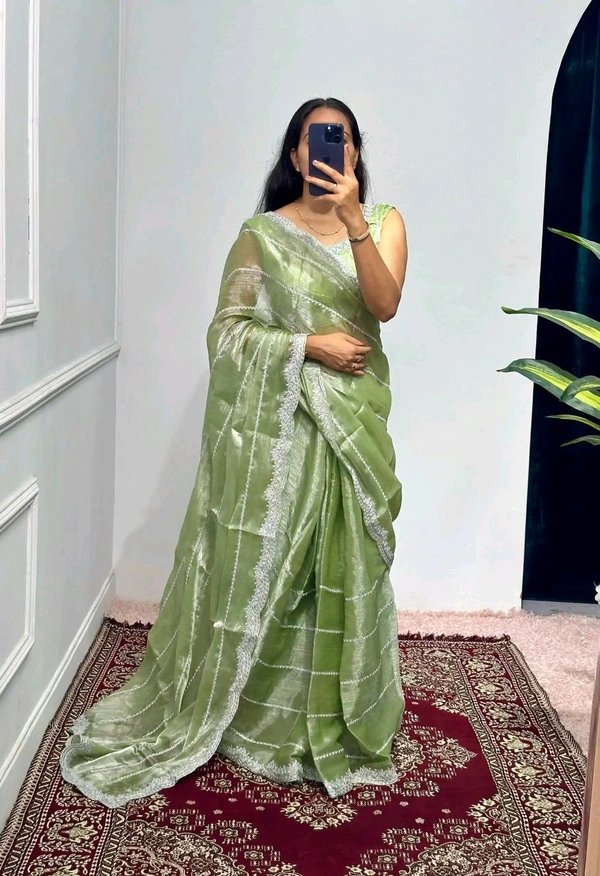 Burbary Jimmy Choo Fabric Embroidered Work Saree* - moss Green