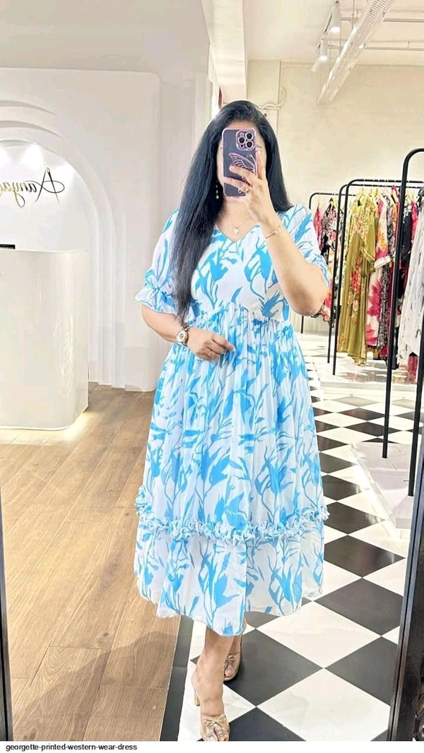 Women Georgette Floral Print Anarkali Kurta for Women Anarkali Kurti for Women Floral Print Fit & Flare Dress - Seagull, L