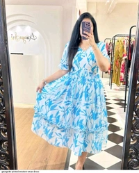 Women Georgette Floral Print Anarkali Kurta for Women Anarkali Kurti for Women Floral Print Fit & Flare Dress - Seagull, L