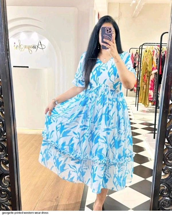 Women Georgette Floral Print Anarkali Kurta for Women Anarkali Kurti for Women Floral Print Fit & Flare Dress - Seagull, M