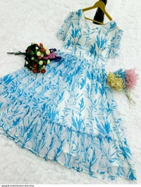 Women Georgette Floral Print Anarkali Kurta for Women Anarkali Kurti for Women Floral Print Fit & Flare Dress - Seagull, M