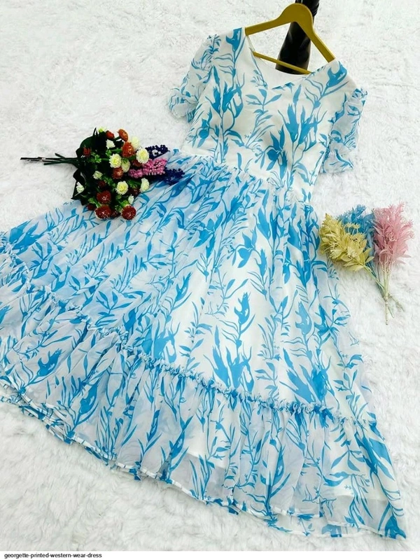 Women Georgette Floral Print Anarkali Kurta for Women Anarkali Kurti for Women Floral Print Fit & Flare Dress - Seagull, M