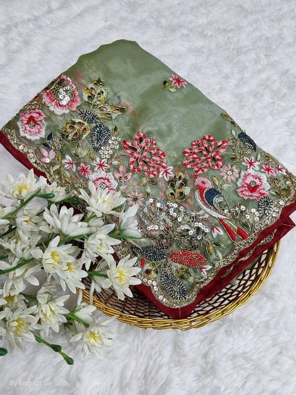 Saree For Women Heavy Jimmy Choo fabric multi embroidery threads,coding and sequence $ fancy cutwork in work with piping border (Beige) - Pista, Free Size